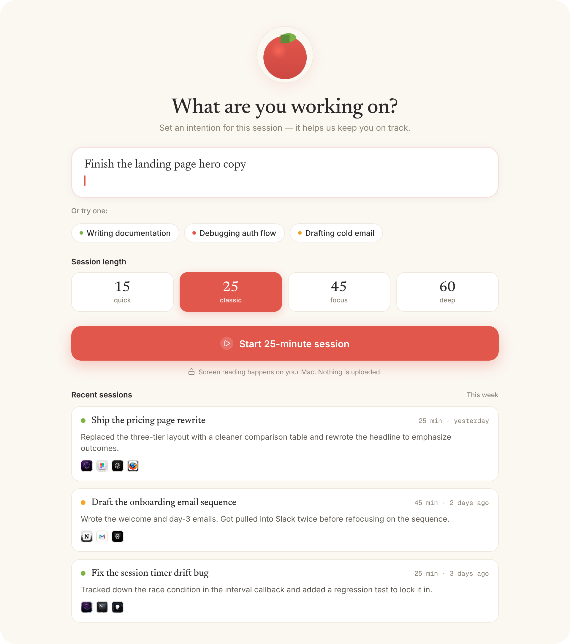 Tomato start session screen showing intention input